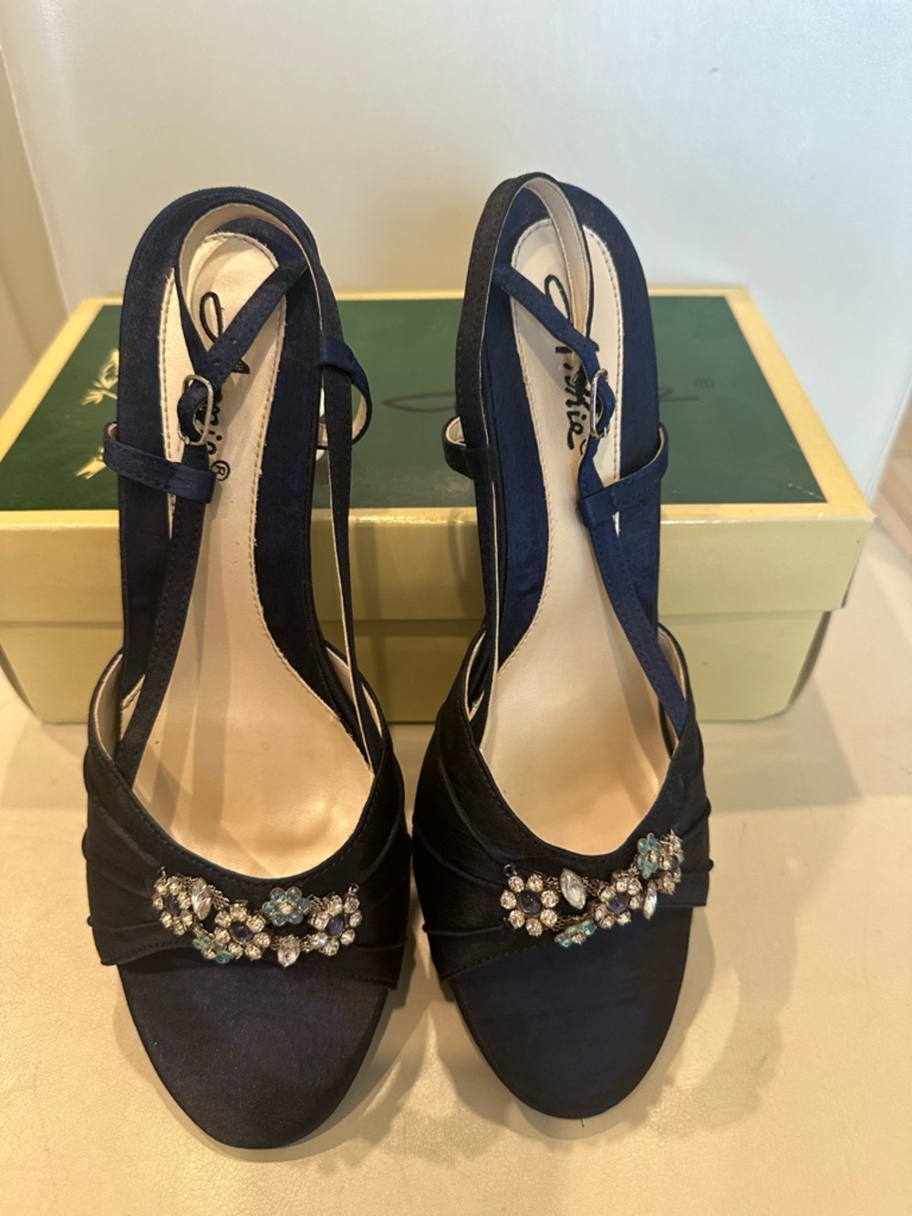 Annie Navy Blue Crystal Floral Slingback Heels